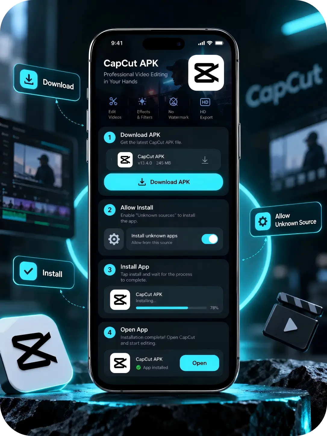 CapCut APK download and Android installation steps mobile mockup